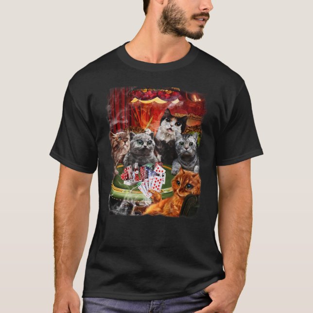 Cat Playing Poker Cards T-Shirt (Front)