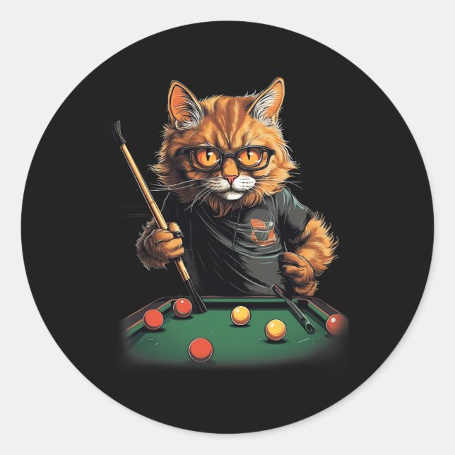Cat Playing Pool Billiards Cool Funny Cats  Classic Round Sticker (Front)