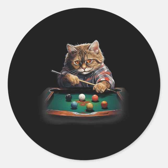 Cat Playing Pool Billiards Cool Funny Cats  Classic Round Sticker (Front)