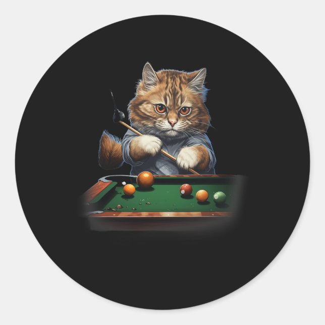 Cat Playing Pool Billiards Cool Funny Cats  Classic Round Sticker (Front)