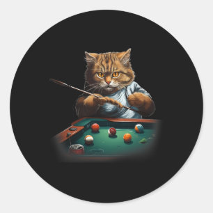 Cat Playing Pool Billiards Cool Funny Cats Men Wom Classic Round Sticker