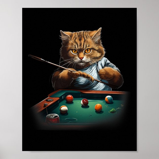 Cat Playing Pool Billiards Cool Funny Cats Men Wom Poster (Front)