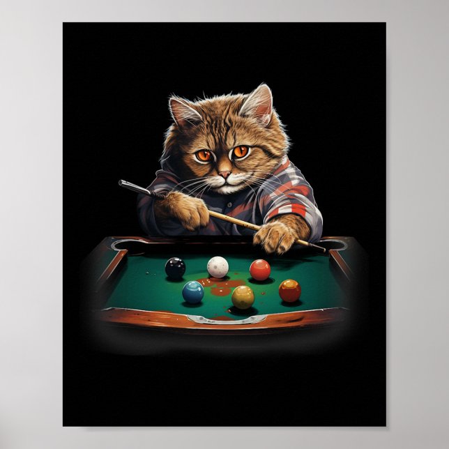 Cat Playing Pool Billiards Cool Funny Cats  Poster (Front)