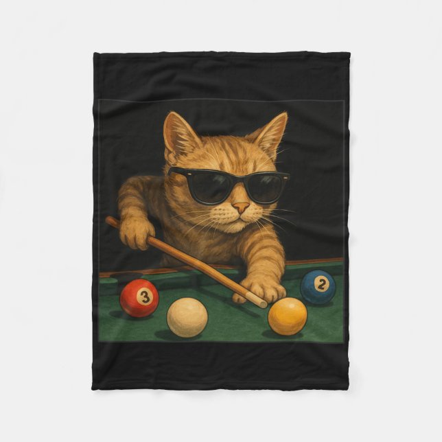 Cat Playing Pool Billiards In Lounge Cool Funny Ca Fleece Blanket (Front)