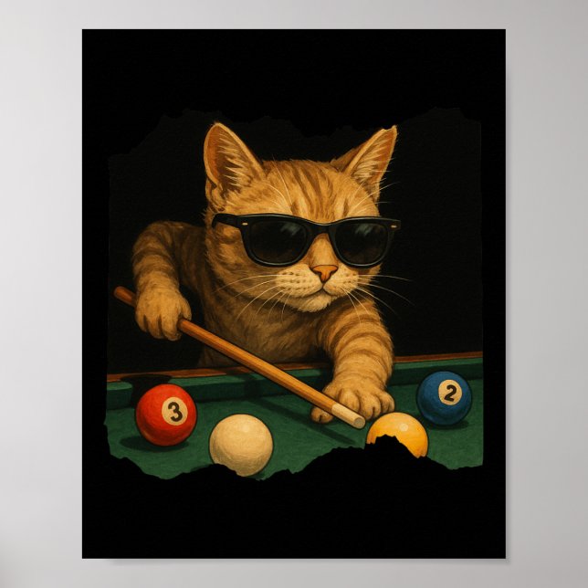 Cat Playing Pool Billiards In Lounge Cool Funny Ca Poster (Front)