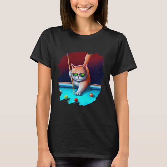 Cat Playing Pool Billiards In Lounge Cool Funny Ca T-Shirt (Front)