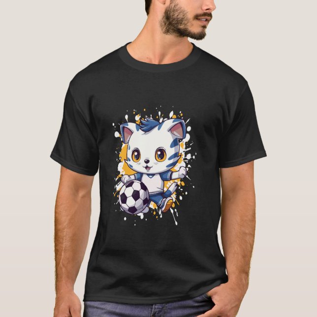 Cat Playing Soccer Comic T-Shirt (Front)