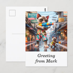 Cat Playing Songkran Festival in Thailand Postcard