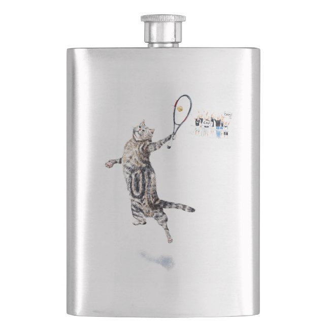 Cat Playing Tennis Hip Flask (Front)