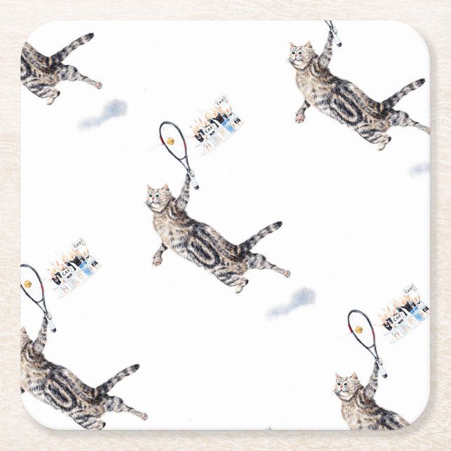 Cat Playing Tennis Square Paper Coaster (Front)