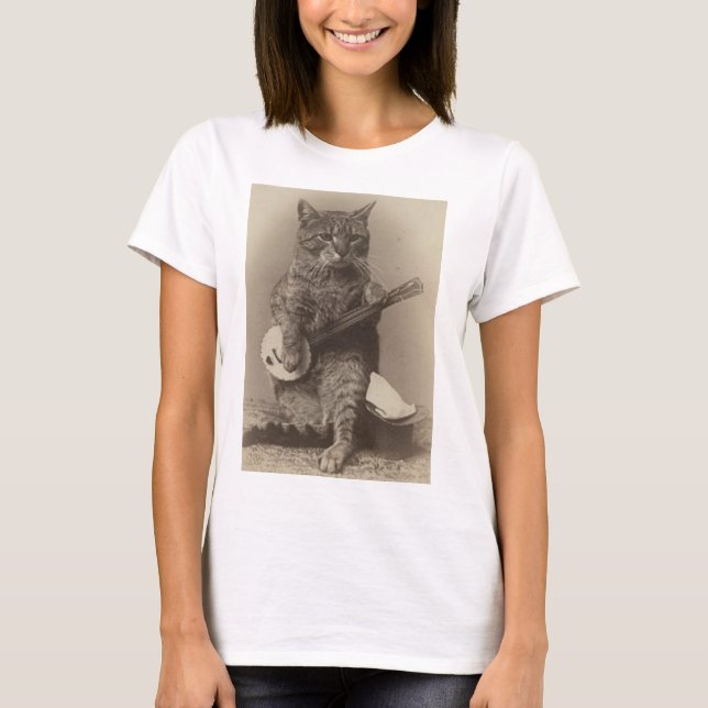 Cat Playing the Banjo funny t-shirts  (Front)