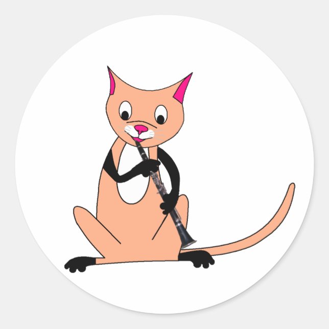 Cat Playing the Clarinet Classic Round Sticker (Front)