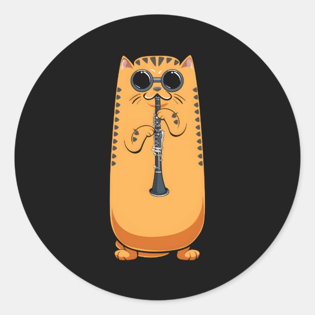 Cat Playing The Clarinet Hippy Hipster Kitty Fan Classic Round Sticker (Front)