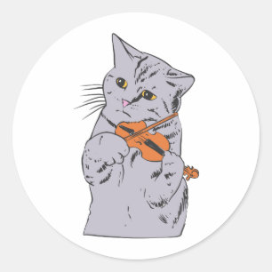 Cat playing the violin - Choose background colour Classic Round Sticker