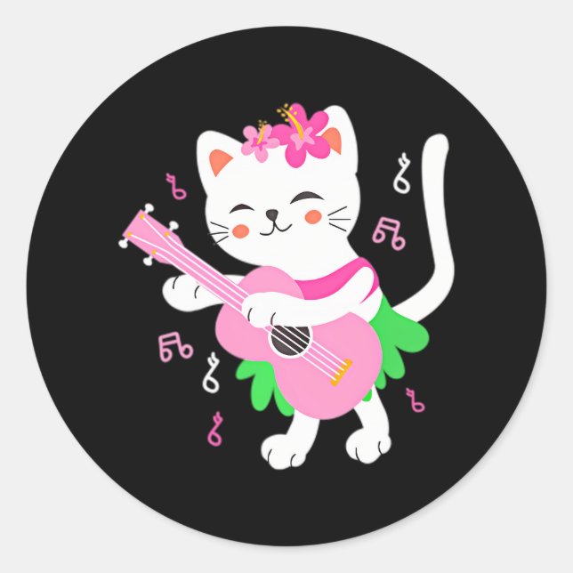 Cat Playing Ukulele Pocket Player Hawaiian Classic Round Sticker (Front)