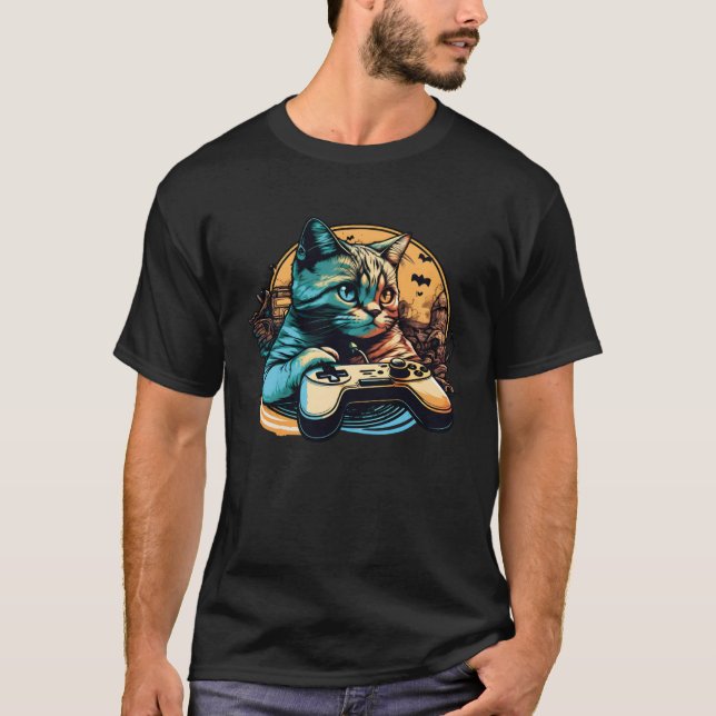 Cat Playing Video Games For Cat  And Gamers  2 T-Shirt (Front)