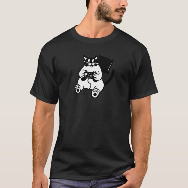 Cat Playing Videogames T-Shirt (Front)
