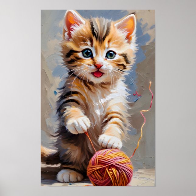 Cat Playing With A Ball Of Yarn Poster (Front)