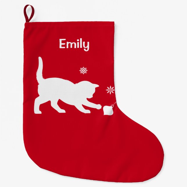 Cat Playing with a Christmas Ornament Large Christmas Stocking (Front)