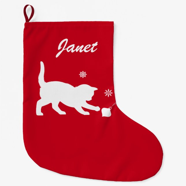 Cat Playing with Christmas Ornament Customisable Large Christmas Stocking (Front)