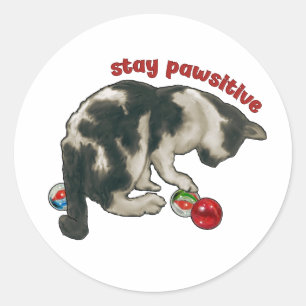 Cat Playing with MARBLES, Stay Pawsitive, Pun Classic Round Sticker