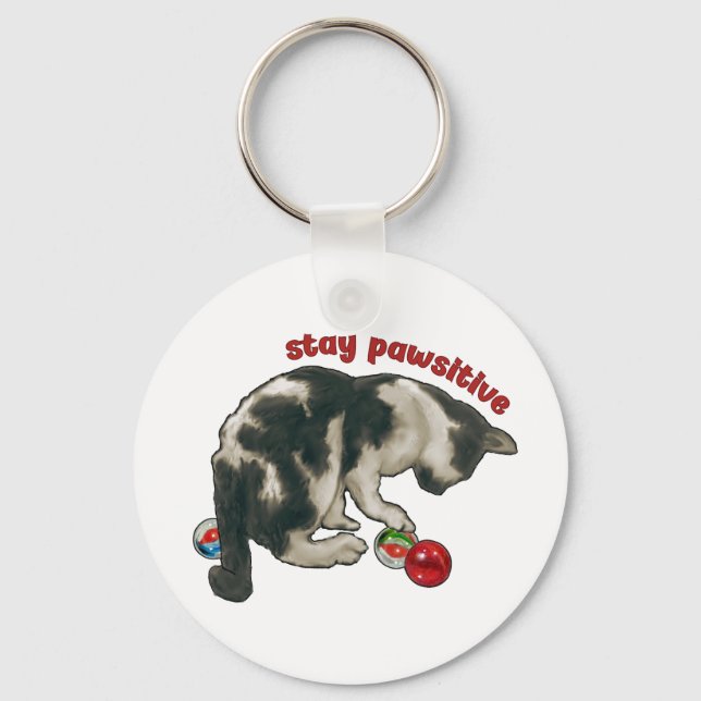 Cat Playing with MARBLES, Stay Pawsitive, Pun Key Ring (Front)