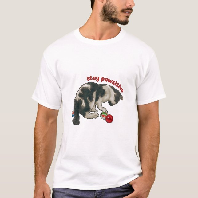 Cat Playing with MARBLES, Stay Pawsitive, Pun T-Shirt (Front)