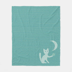 Cat Playing with Moon and Star Teal Fleece Blanket
