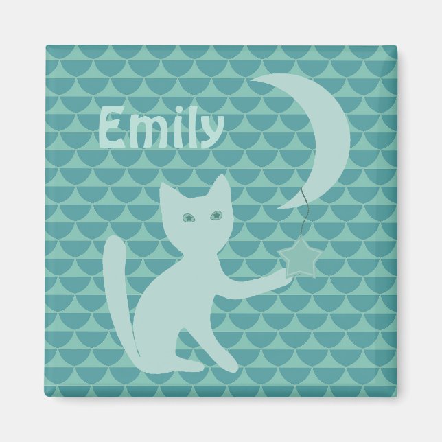 Cat Playing with Moon and Star Teal Personalised Magnet (Front)