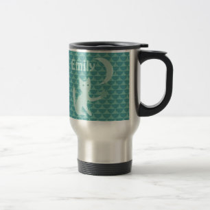 Cat Playing with Moon and Star Teal Personalised Travel Mug