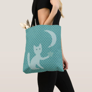 Cat Playing with Moon and Star Teal Tote Bag