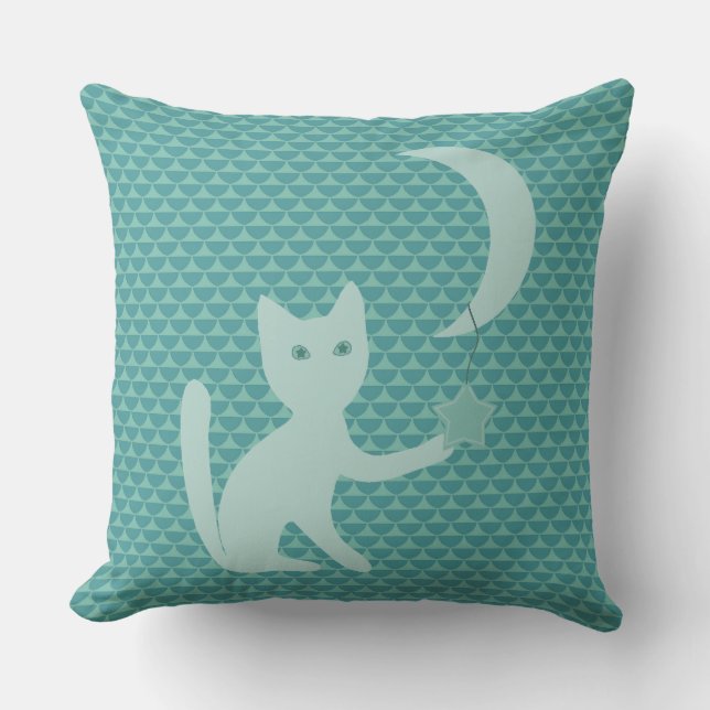 Cat Playing with Moon and Stars Teal Cushion (Front)