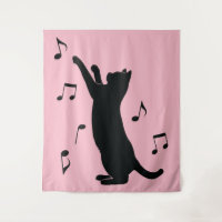 Cat Playing with Musical Notes in Silhouette