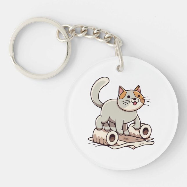 Cat Playing with Toilet Paper Key Ring (Front)