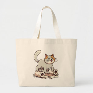 Cat Playing with Toilet Paper Large Tote Bag