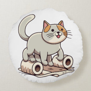 Cat Playing with Toilet Paper Round Cushion