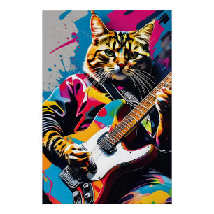 Cat plays the guitar, rock graffiti poster