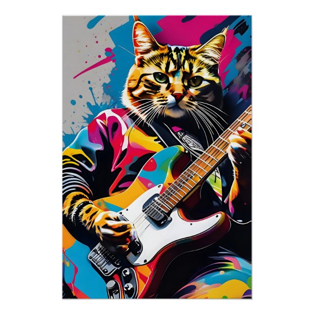 Cat plays the guitar, rock graffiti poster (Front)