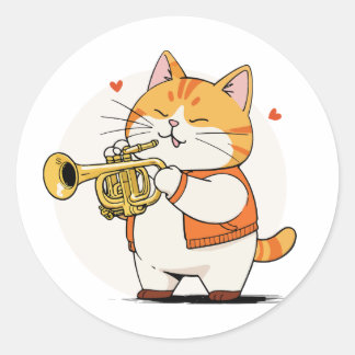Cat Plays The Trumpet Classic Round Sticker