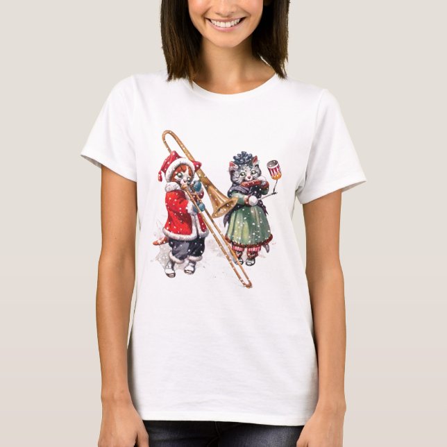 Cat Plays Trombone in the Snow T-Shirt (Front)