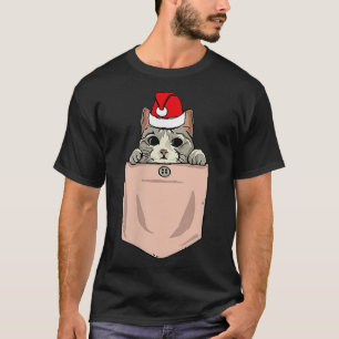 Cat Pocket Christmas Peeking Kitten Santa Hat Cute T-Shirt