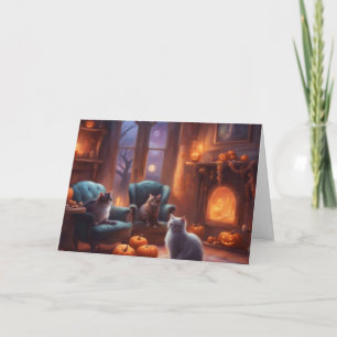 Cat pondering on Halloween in a cosy living room Card