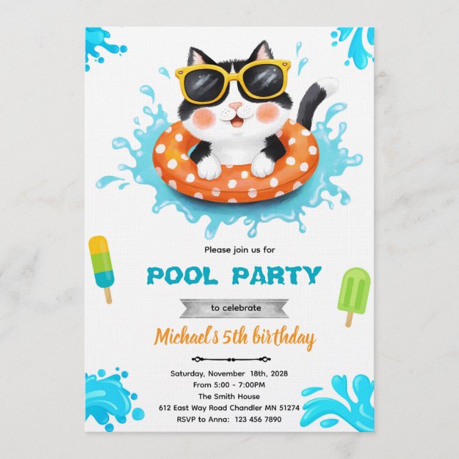 Cat pool party invitation (Front)