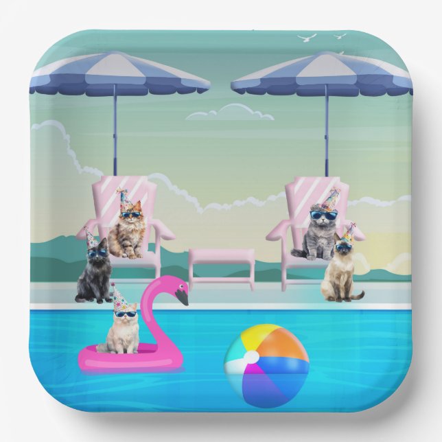 Cat Pool Pawty Paper Plate (Front)