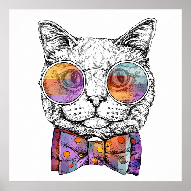 Cat Portrait Poster (A detailed black and white sketch of a cat's face, adorned with round, colorful glasses.)