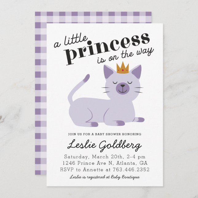 Cat Princess Baby Shower Purple Invitation (Front/Back)