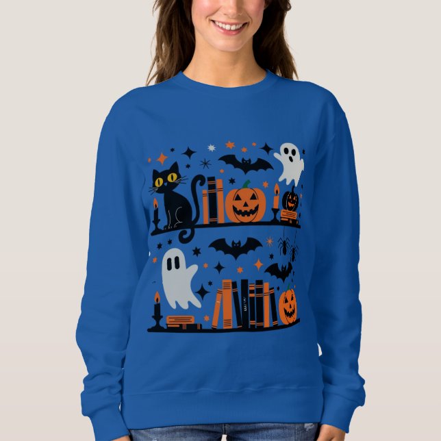 Cat Pumpkin Bat Spider Halloween Book Candle  Sweatshirt (Front)
