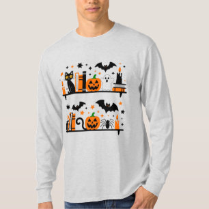 Cat Pumpkin Bat Spider Halloween Book Candle T-Shirt