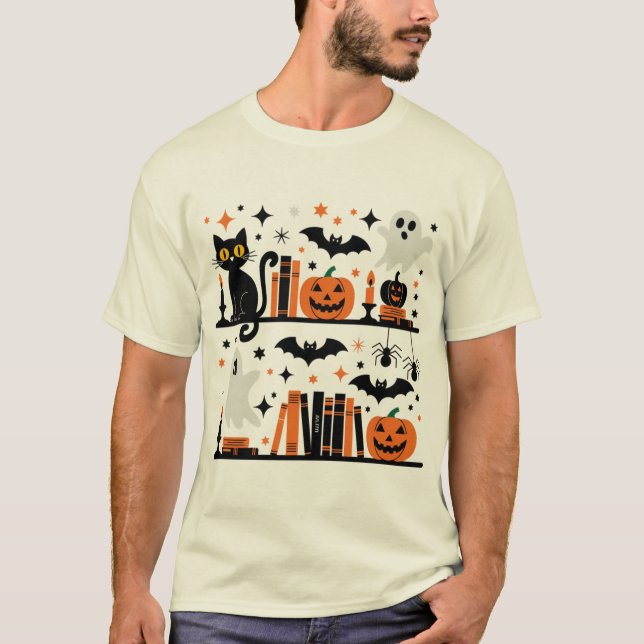 Cat Pumpkin Bat Spider Halloween Book Candle  T-Shirt (Front)