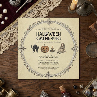 Cat, Pumpkin, Candle & Doll Vintage Halloween Invitation